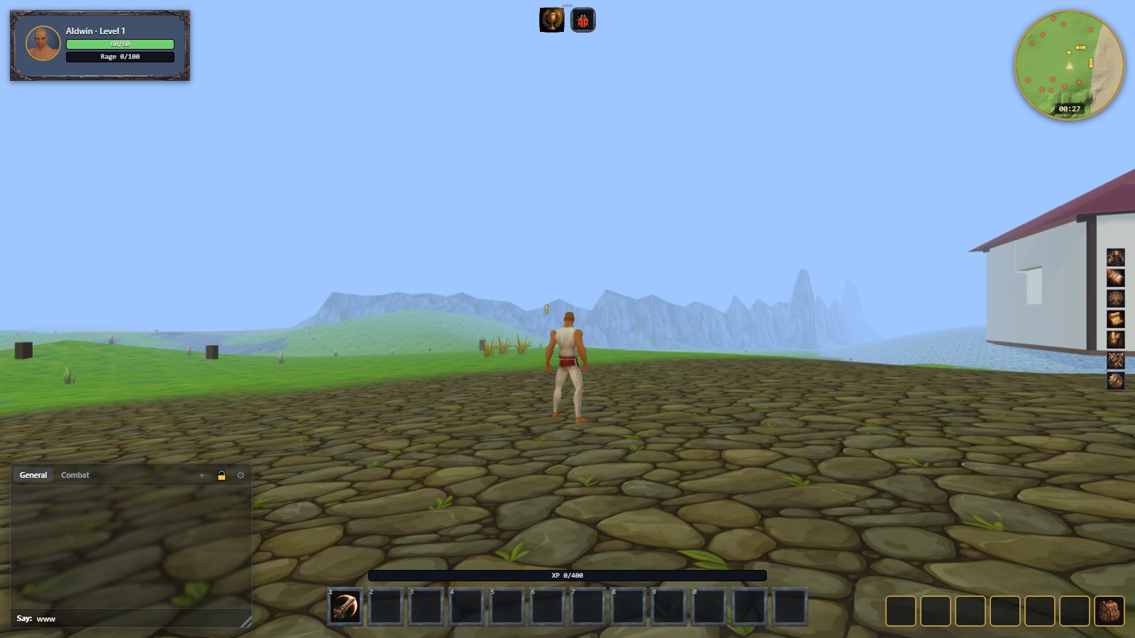 A hero in the live world of Ellaris, with the HUD, minimap and chat