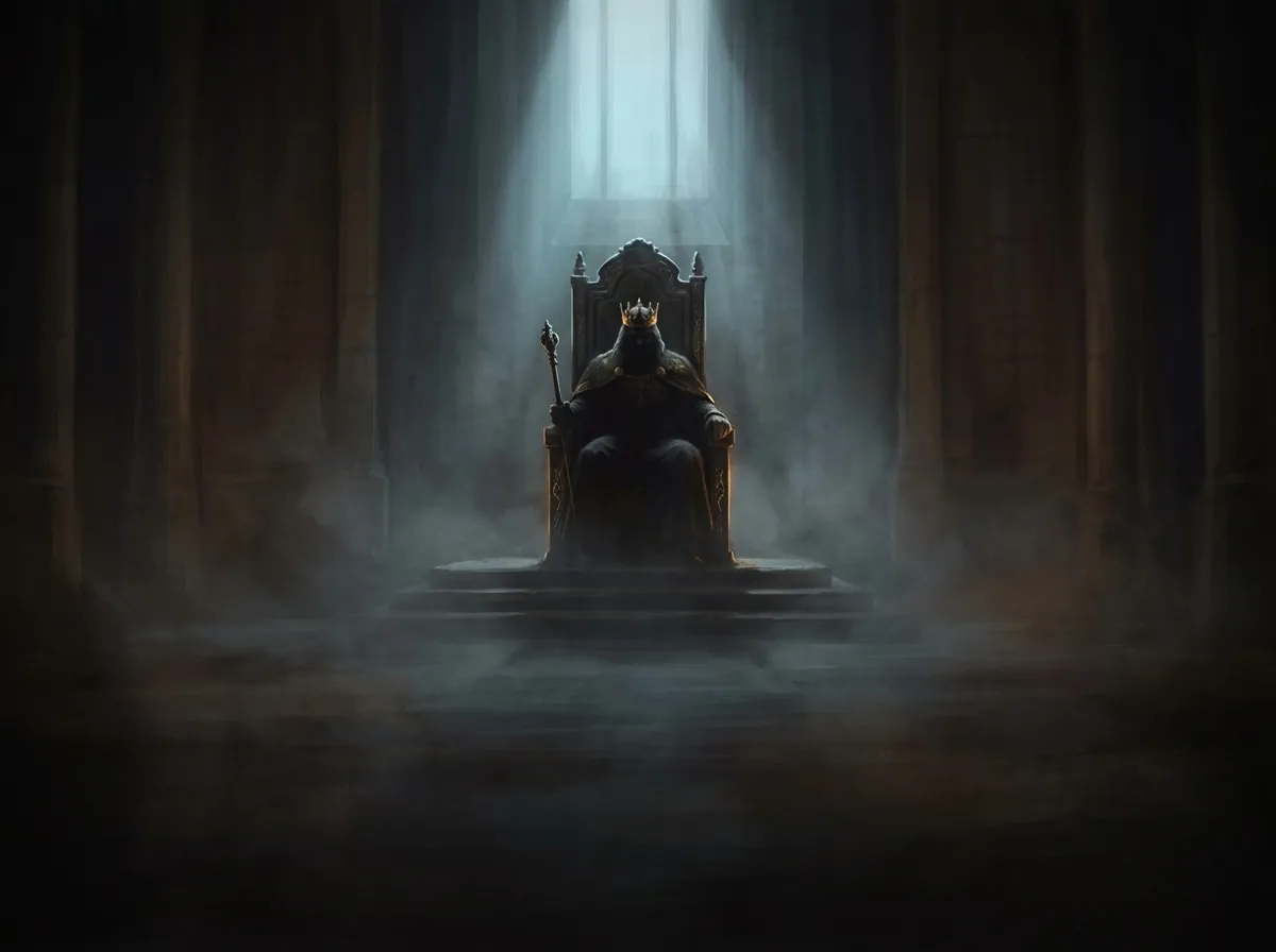 King Aaron sits on a dark throne beneath a pale shaft of light