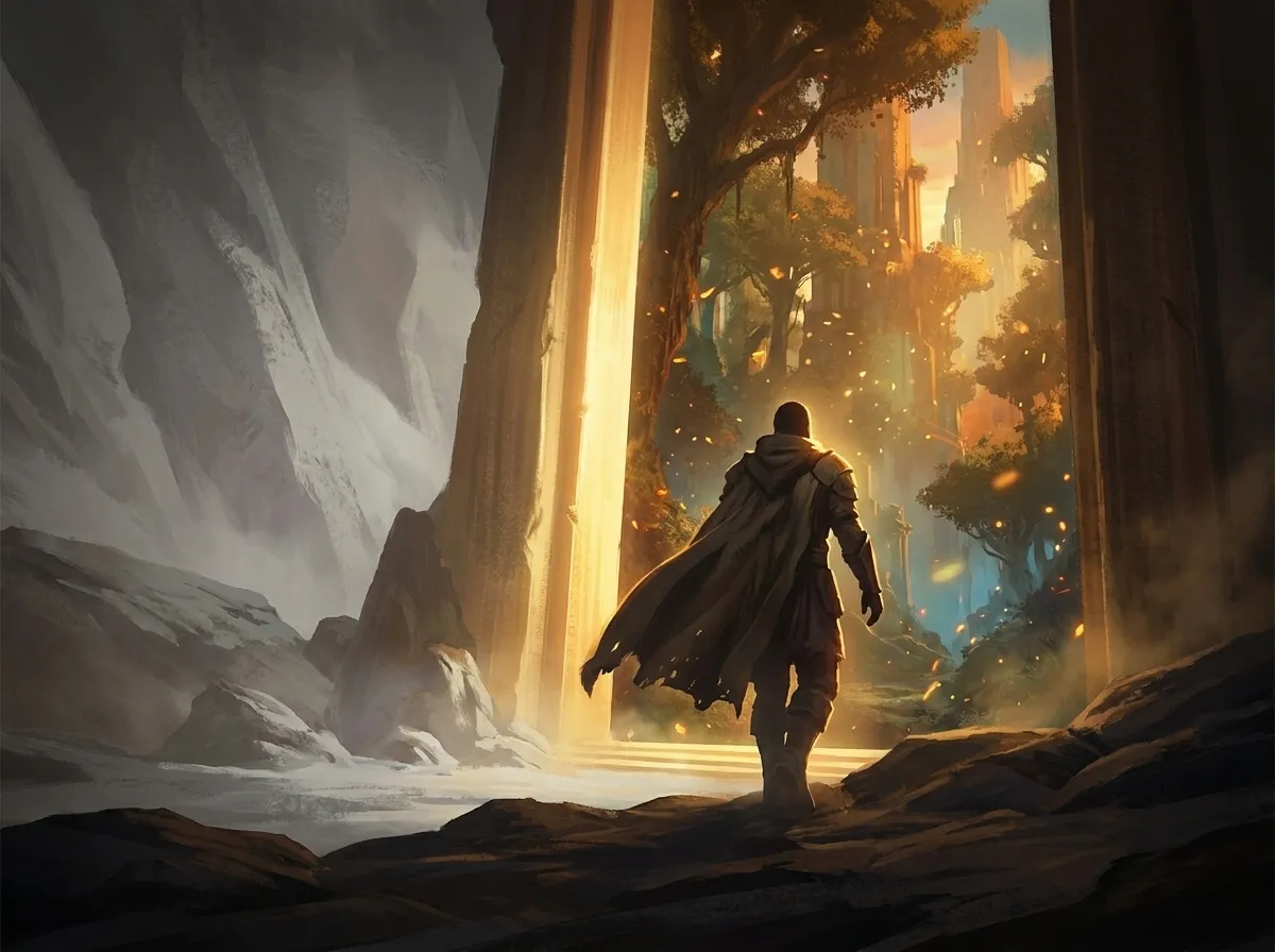 A traveler steps through a luminous gate into the world of Ellaris