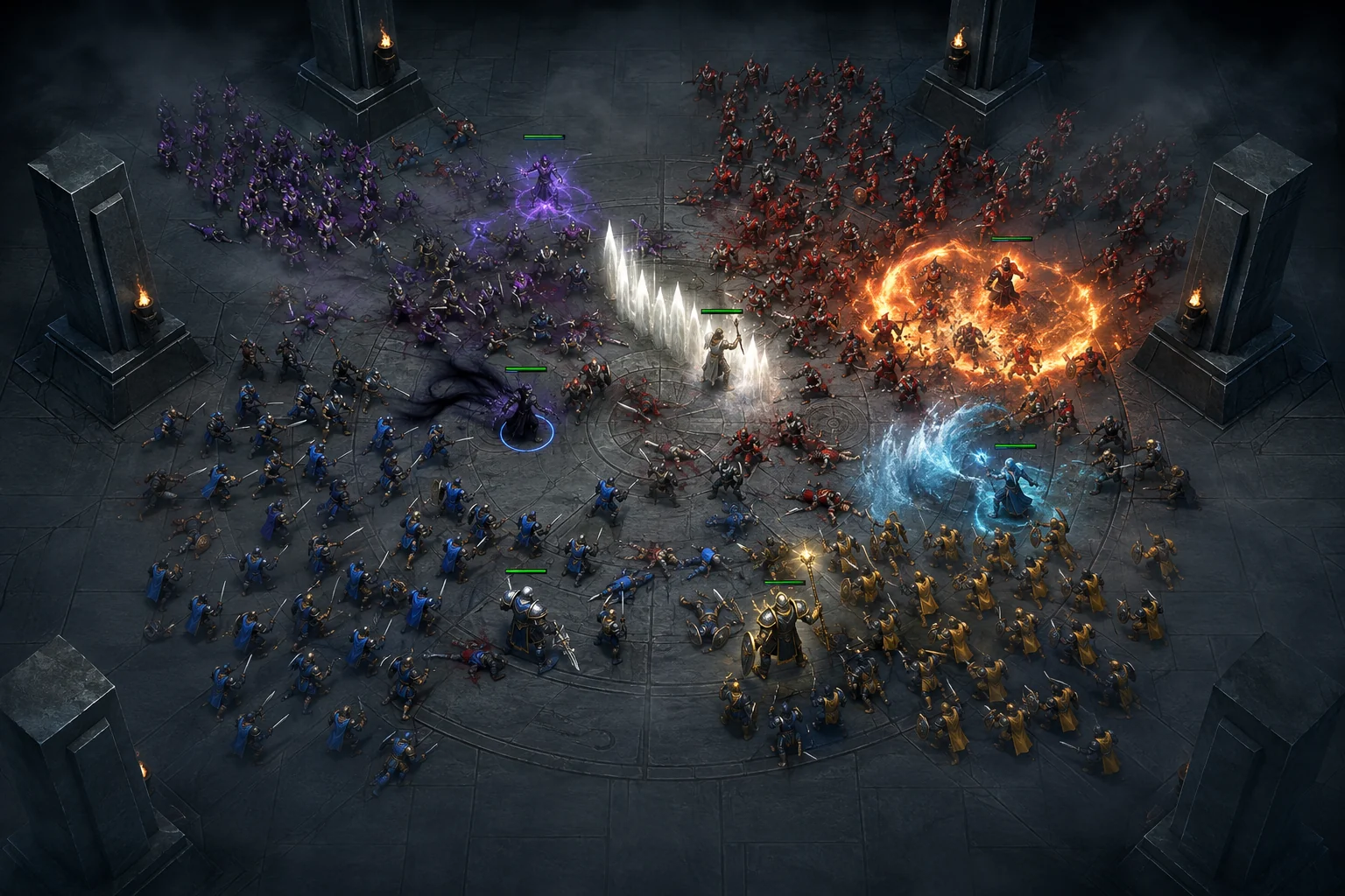 Concept art of four legions clashing in the Ellaris arena